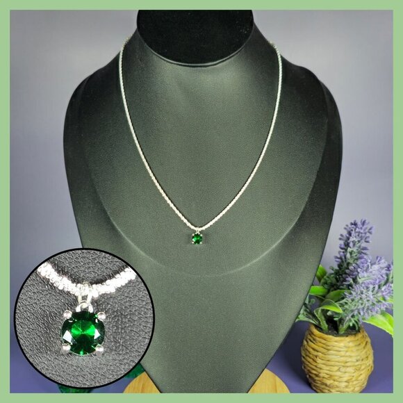 Sterling Silver Necklace With Sparkling Green CZ Pendant (NWOT) - Picture 1 of 6